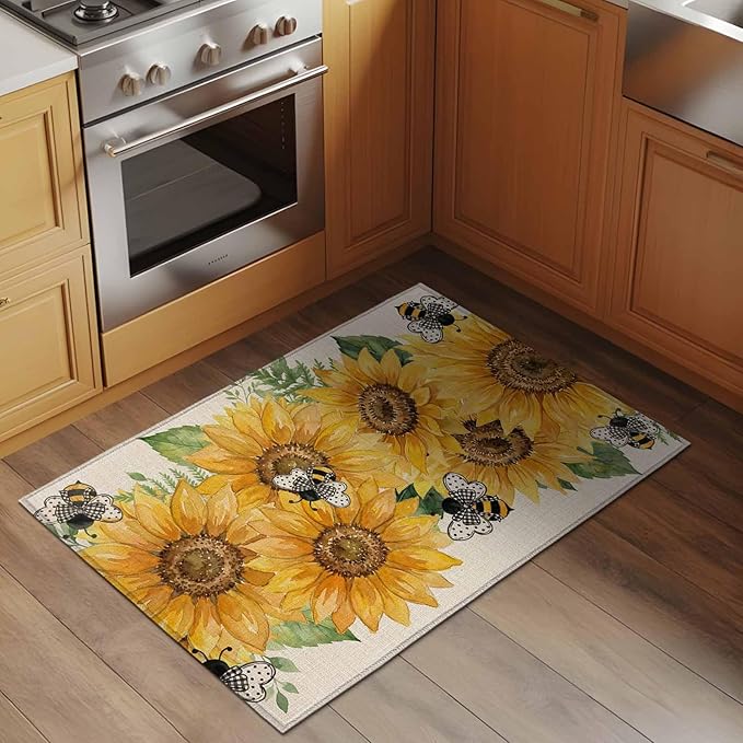 Watercolor Sunflower Cartoon Farmhouse Bee Linen Texture Entryway Rug 2'x3', Small Area Rug Non-Slip Front Door Mat Washable Floor Carpet for Indoor Entrance Kitchen Bathroom