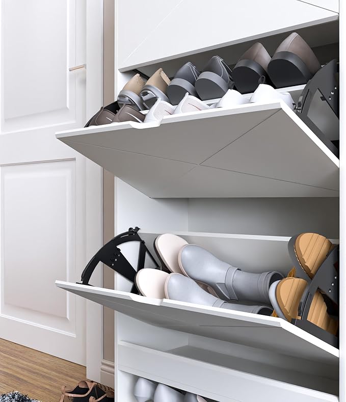 Shoe Cabinet with 3 Flip Drawers, Shoe Storage Cabinet with Open Shelf and Top Drawer, Free Standing Shoe Rack Storage Organizer for Entryway, Hallway, White
