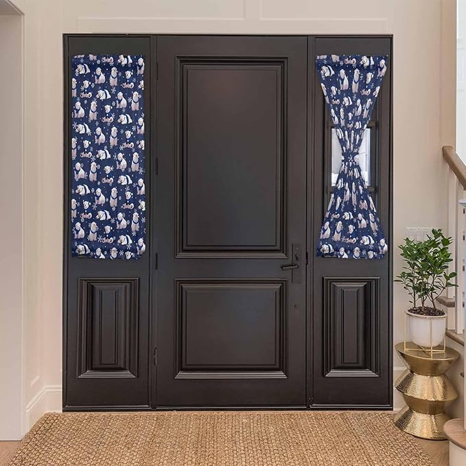 Christmas French Door Curtain Panel for Front Door, Merry Christmas Snowflake Polar Bear Blue Slidelight Door Curtains with Tieback Light Filtering Privacy Panels for Doorway Entryway 25"x 40"