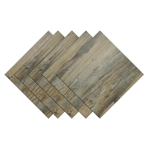 Wallercity Grey/Brown Wood Peel and Stick Vinyl Plank Flooring for Kitchen Faux Wood Grain Floor Tiles Stickers Waterproof 12" x 12" Self Adhesive Wooden Flooring Tiles for Bedroom Living Room 5PCS