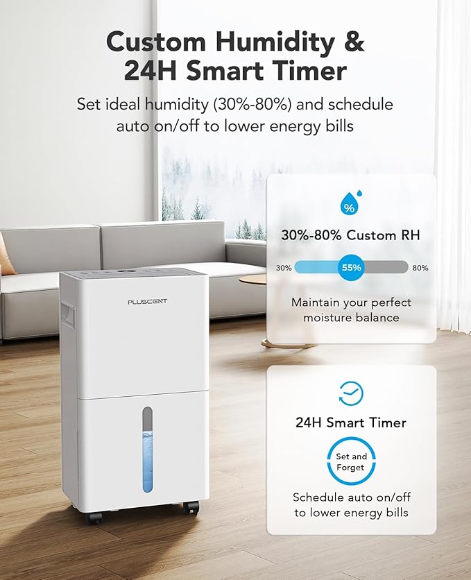 PLUSCENT 1500 Sq.ft Dehumidifier for Basement with Drain Hose, 21 Pint/Day Dehumidifiers for Home, Bathroom, Bedroom, Large Room, Smart Humidity Control, 3 Modes, Auto Defrost, Auto Restart, 24H Timer