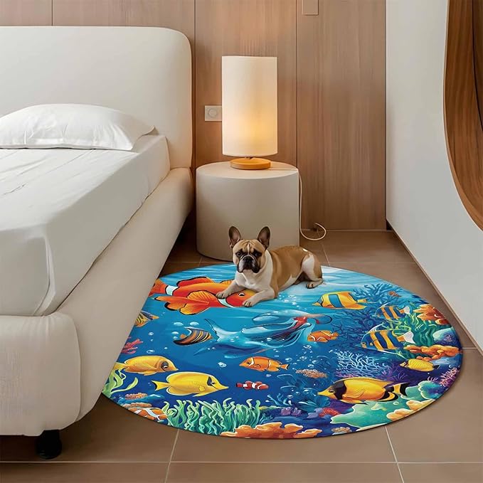 Ocean Marine Large Round Rug 8Ft, Life Fish Coral Seagrass Underwater Coastal Circle Area Rugs Washable Non Slip Indoor Floor Mats Carpet for Living Room Bedroom Dining Room Home Decor
