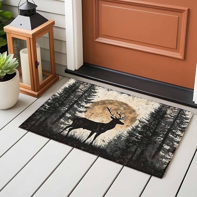 Deer Entryway Rug 2'x3', Elk Silhouette Small Area Rug Non-Slip Front Door Mat Washable Floor Carpet for Indoor Entrance Kitchen Bathroom