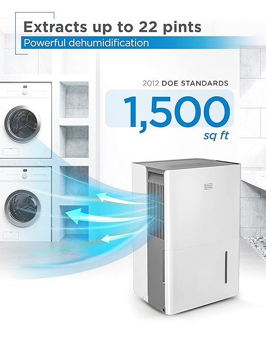 BLACK+DECKER 22-Pint Portable Dehumidifier, Dehumidifier for Home up to 1500 Sq. Ft. Coverage, For Basement and Medium to Large Spaces, Removable Bucket and Drain Hose Included, BD22MWSA, White