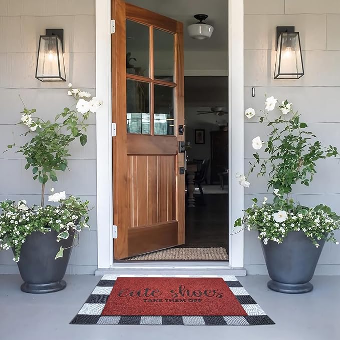 Entryway Cute Shoes Take Them Off Outdoor Mats with Rubber Backing Doormat Indoor Mat Polystyrene Backing Non Slip Natural Mat 18x28 inch Red