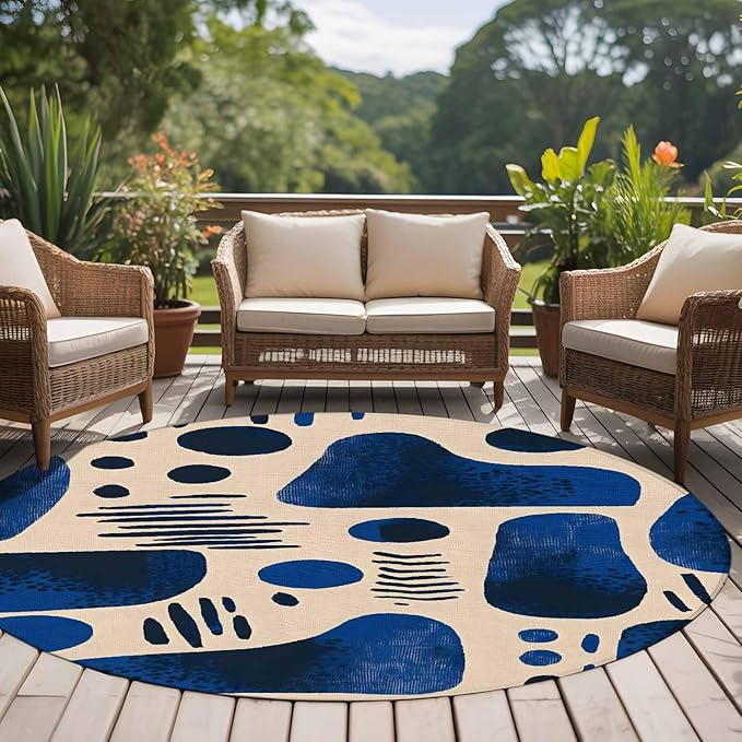 Modernism Large Round Rug 8Ft, Blue Black Geometric Abstract Style Circle Area Rugs Washable Non Slip Indoor Floor Mats Carpet for Living Room Bedroom Dining Room Home Decor