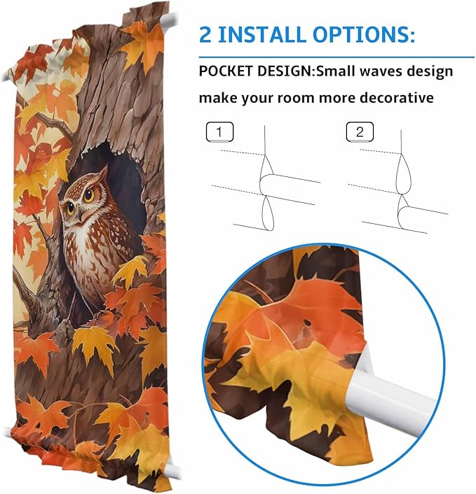 French Door Curtain Panel for Front Door, Cartoon Owl Maple Tree Hole Fall Slidelight Door Curtains with Tieback Light Filtering Privacy Panels for Doorway Entryway 25"x 40"