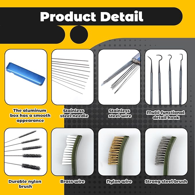 Carburetor Cleaner Kit Torch Tip Cleaner Set, Includes 3 Double Headed Brush 30 Needles 15 Nylon Brushes 1 Hexagonal Wrench 1 Scraper and 4 Cleaning Hooks 2 Aluminum Case for Motorcycle ATV