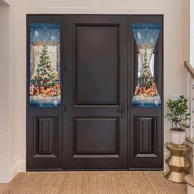 Christmas French Door Curtain Panel for Front Door, Gorgeous Xmas Tree Dark Steel Blue Slidelight Door Curtains with Tieback Light Filtering Privacy Panels for Doorway Entryway 25"x 40"