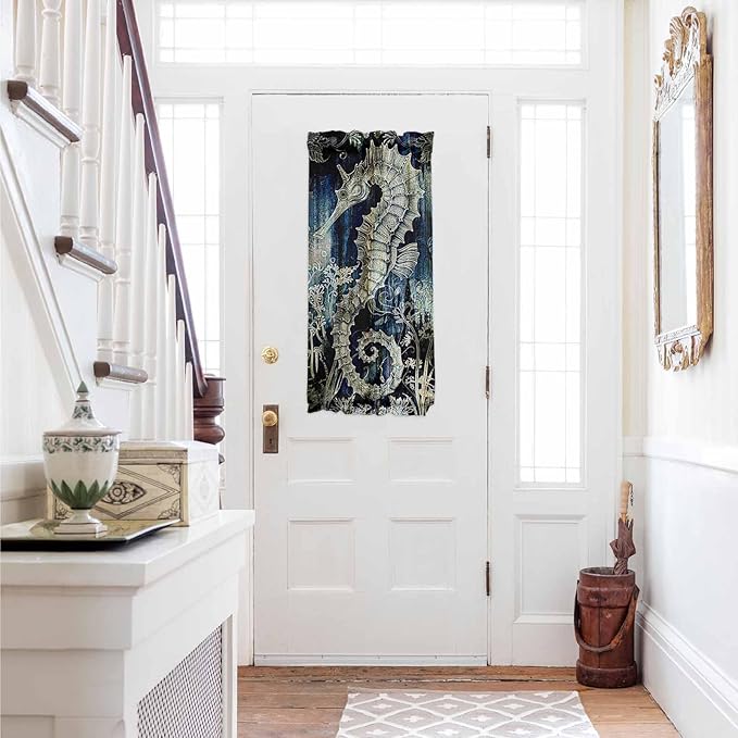 French Door Curtain Panel for Front Door, Sea Horse Slidelight Door Curtains with Tieback Light Filtering Privacy Panels for Doorway Entryway 25"x 40"