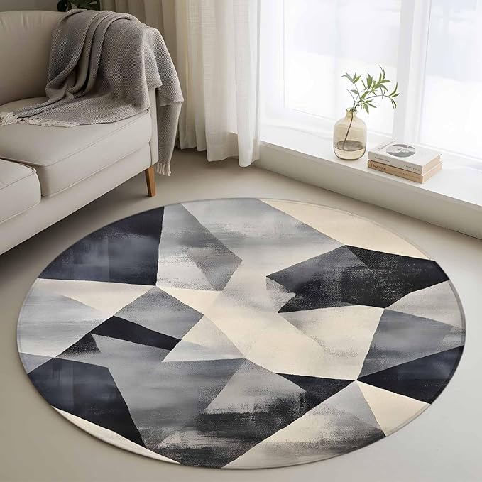 Color Block Small Round Rug 3 Ft, Modernism Blue Beige Line Abstract Art Area Rugs Washable Non Slip Indoor Floor Mats Circle Carpet for Living Room Bedroom Dining Room Home Decor