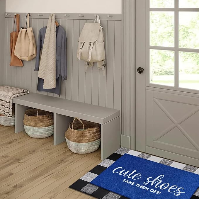 Outdoor Welcome Mat for Funny Outside Home Entry Mats Cute Shoes Take Them Off Entryway for Bedroom Shoe Scraper Non Slip Mats for Front Home Door Outside Blue