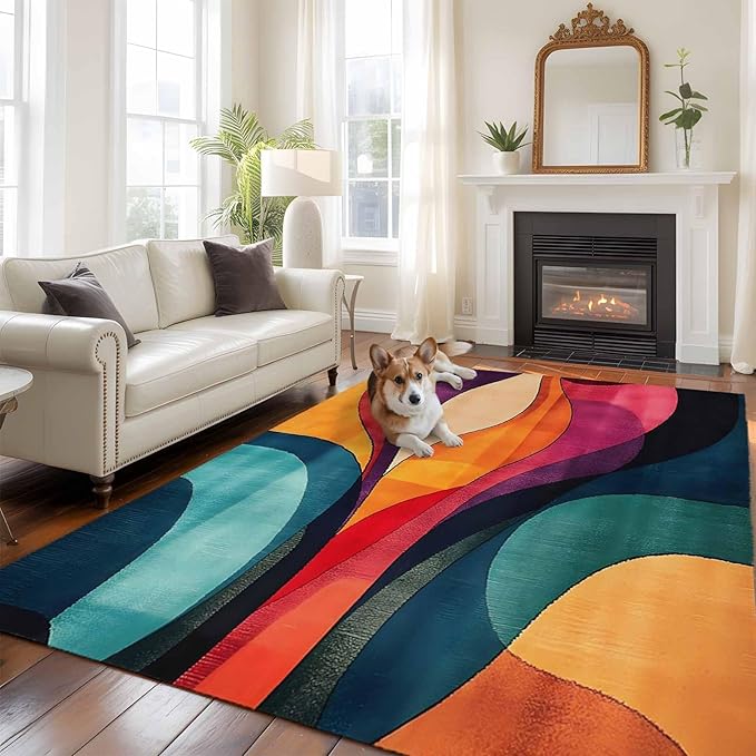 Minimalist Art 8'x10' Large Area Rugs, Abstract Yellow Blue Color Block Line Washable Area Rugs Non-Slip Indoor Floor Mats Large Carpet for Living Room Bedroom Dining Room