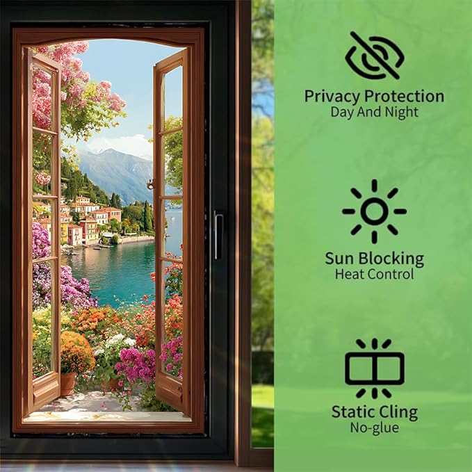 Window Privacy Film 17x39 Inch Scenic Lake View Design Peel and Stick Static Cling Decorative Window Film for Home Office Bedroom Bathroom Glass Door Covering
