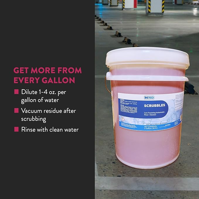 Scrubbles Low Foaming Automatic Floor Cleaner, Industrial Strength Concentrate - Deep Cleaning Solution for Concrete Floors, 2oz Per Gallon of Hot Water, 5 Gallons