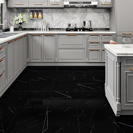 Wallercity Glossy Black Marble Vinyl Floor Tiles 12''x12'' Peel and Stick Floor Tile Waterproof Self Stick Flooring Tiles Black Removable Tile Decorative Panels for Bathroom Garage Kitchen 18-Packs