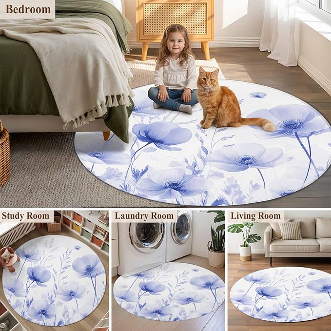 Flower Round Rug 3.3 Ft, Blue Samll Area Rugs Washable Non Slip Indoor Floor Mats Circle Carpet for Living Room Bedroom Dining Room Home