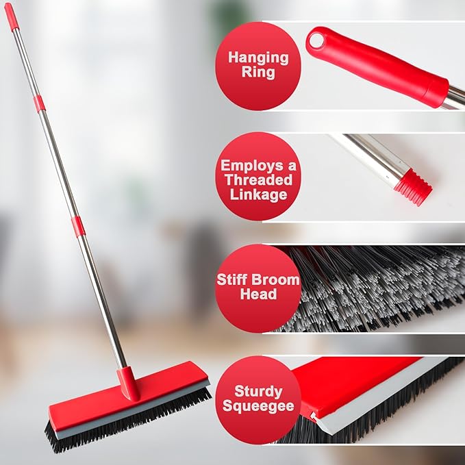 16.5 Inches Push Broom- Heavy Duty Outdoor Broom with 51" Long Handle for Patio, Bathroom, Garage, Tile, Deck, Pet Hair, Concrete Floors Cleaning