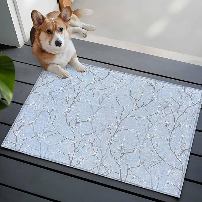 Blue Tree Branch Entryway Rug 2'x3', Retro Classic Art Blue Tree Branches Flower Small Area Rug Non-Slip Front Door Mat Washable Floor Carpet for Indoor Entrance Kitchen Bathroom