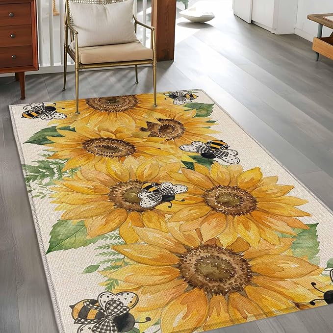 Watercolor Sunflower Cartoon Farmhouse Bee Linen Texture 3'x5' Area Rugs, Washable Area Rugs Non-Slip Indoor Floor Mats Carpet for Living Room Bedroom Dining Room