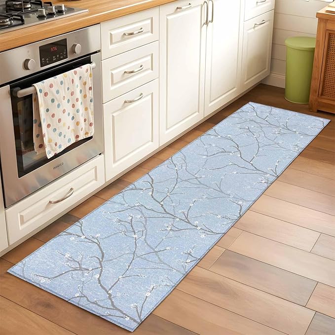 Blue Tree Branch Runner Rug 2'x6', Retro Classic Art Blue Tree Branches Flower Hallway Runner Rugs Washable Non-Slip Bedside Floor Mats Carpet for Kitchen Bedroom Laundry Room Bathroom