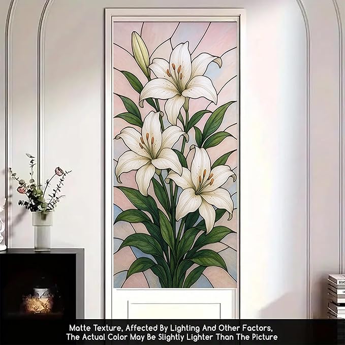 White Lily Privacy Film Stained Glass Style Static Cling No Glue Decorative Panel Light Filtering Cover for Door Window Bedroom Entryway 17.7x39.3 inch