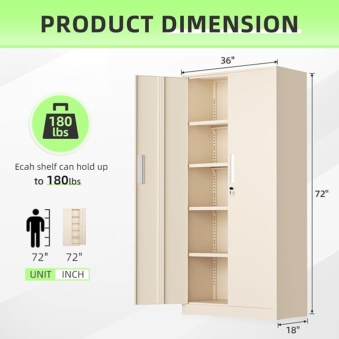 Bonusall 72" Metal Garage Storage Cabinet， Heavy-Duty Steel Cabinet with 2 Locking Doors & 4 Adjustable Shelves for Home, Office, or Workshop Organization(Grey)