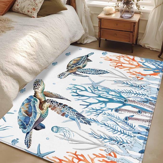 Sea Turtle Area Rugs 2.7'x5', Seagrass Coral Starfish Washable Area Rugs Non-Slip Indoor Floor Mats Carpet for Living Room Bedroom Dining Room