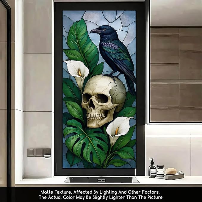 Gothic Raven Skull Privacy Film Static Cling Stained Glass Panel No Glue Decorative Cover for Halloween Door Studio Bathroom Partition 17.7x39.3 inch