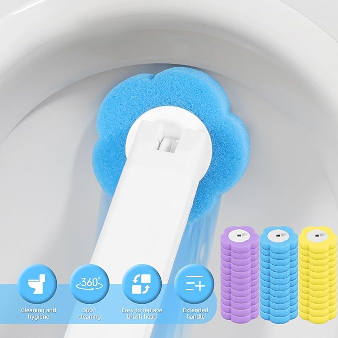 Disposable Toilet Brush Refills, Wall Mount Toilet Bowl Brush, Toilet Wand Refills with Extended Handle Cleaning Set, 360° Cleaning Toilet Brush Grip Suitable for Bathrooms (Brush+24 Refills)