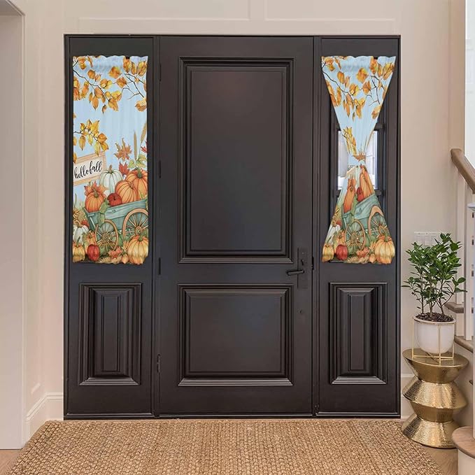 French Door Curtain Panel for Front Door, Countryside Pumpkins Fall Leaves Harvest Slidelight Door Curtains with Tieback Light Filtering Privacy Panels for Doorway Entryway 25"x 40"