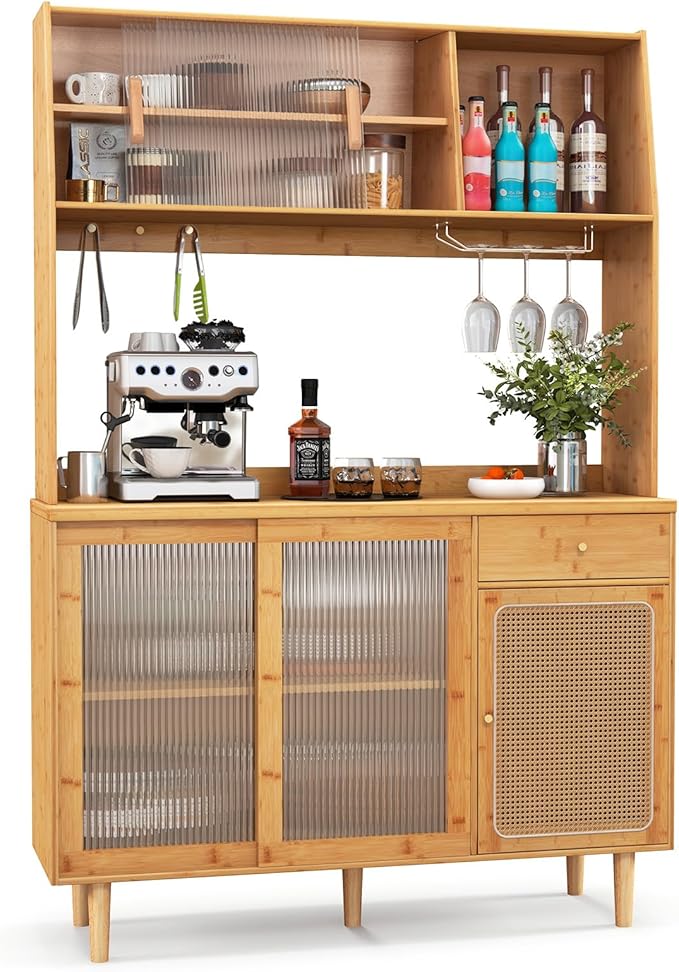 Giantex Pantry Cabinet, 69" Bamboo Hutch Cabinet with Storage, Drawer, Microwave Countertop, Glass Holder, Freestanding Buffet Sideboard with Rattan Door, Tall Cupboard for Kitchen Coffee Bar