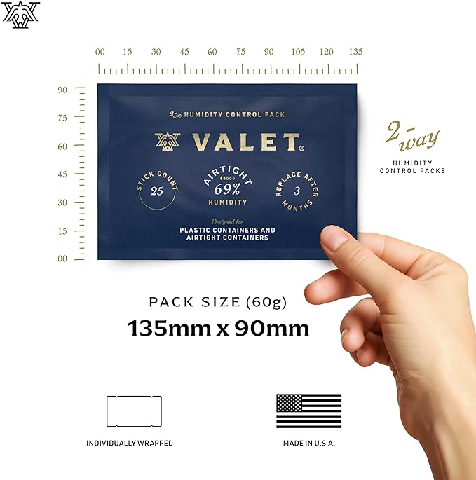 Valet 69% Two-Way Humidity Pack Single (60g), Individually Wrapped Humidity Control Pack for Airtight & Plastic Containers, Moisture Absorber, Made in USA