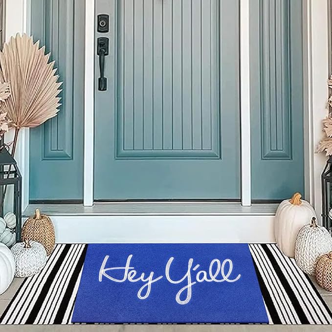 Front Doormat, Blue Hey Y'all Indoor Outdoor Heavy Duty Backing Door Mats Non Slip Absorbent Resist Dirt Entrance Doormats for Home Decor Entryway Patio 36" x 24"
