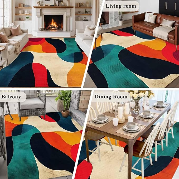 Abstract Art 5'x8' Large Area Rugs, Impressionist Red Blue Color Block Washable Area Rugs Non-Slip Indoor Floor Mats Large Carpet for Living Room Bedroom Dining Room