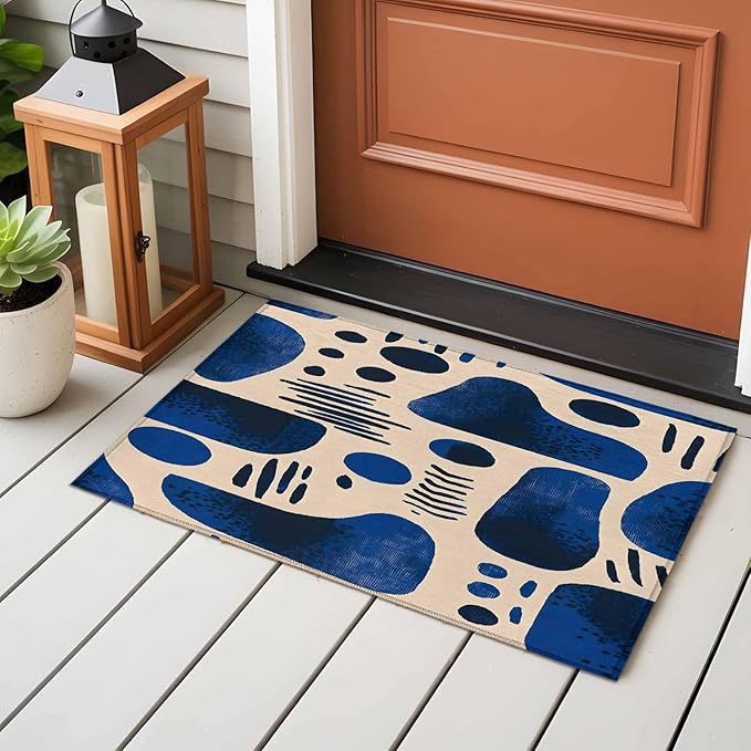Modernism Entryway Rug 2'x3', Blue Black Geometric Abstract Style Small Area Rug Non-Slip Front Door Mat Washable Floor Carpet for Indoor Entrance Kitchen Bathroom