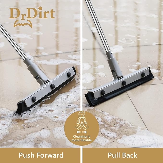 DrDirt Floor Squeegee with 14-Inch Swivel Head | 50-Inch Stainless Steel Handle and Replaceable Dual Foam Blades | Water Broom & pet Hair Remover | Ideal for Garage Tiles & Carpets
