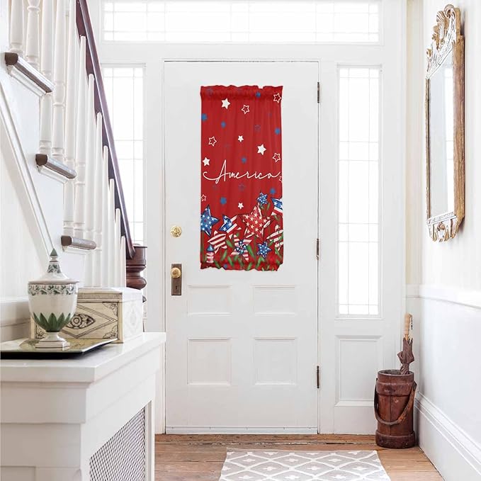 French Door Curtain Panel for Front Door, Red Blue Star American Flag Independence Day 4th of July Slidelight Door Curtains with Tieback Light Filtering Privacy Panels for Doorway Entryway 25"x 40"