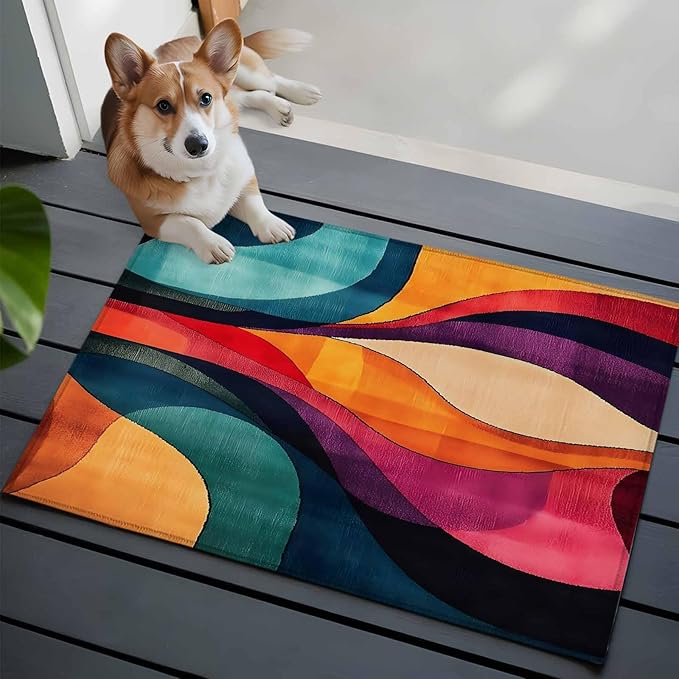 Minimalist Art Entryway Rug 2'x3', Abstract Yellow Blue Color Block Line Small Area Rug Non-Slip Front Door Mat Washable Floor Carpet for Indoor Entrance Kitchen Bathroom