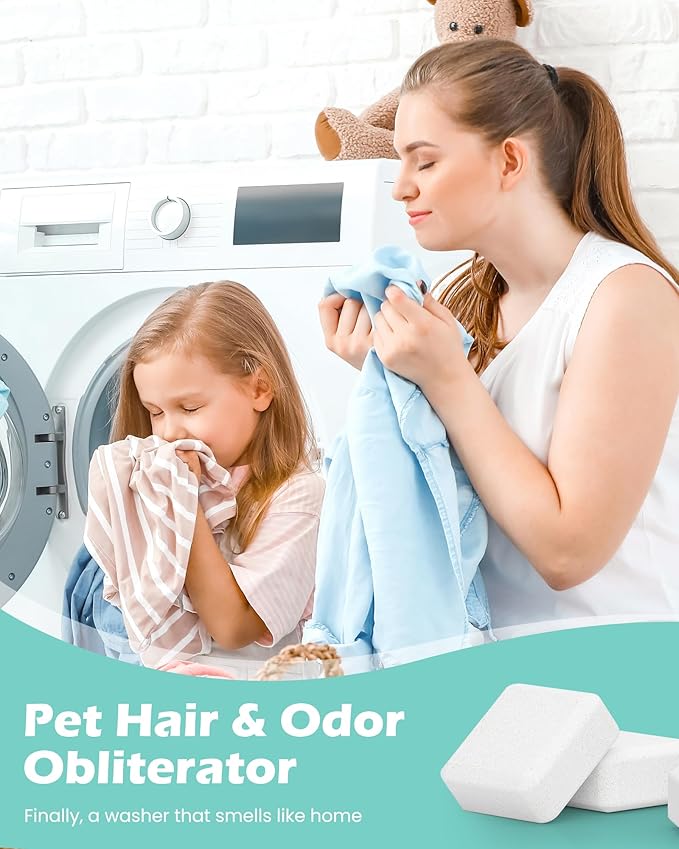 Washing Machine Cleaner Tablets: 40% Stronger Cleaning Power, Deep Cleaning Tablets For HE, Front Loader & Top Load Washer, Removes Pet Hair, Odors, Formulated for Pet Owners, 24 Pack, 15G