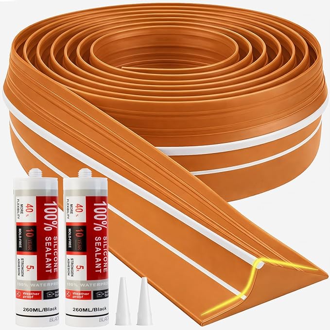 Jin&Bao Universal Garage Door Threshold Seal Strip 20FT Kit, Bottom Waterproof Rubber Weather Stripping Replacement（Orange, 2 Adhesive）