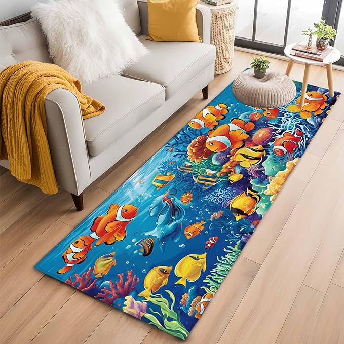 Ocean Marine Runner Rug 2'x6', Life Fish Coral Seagrass Underwater Coastal Hallway Runner Rugs Washable Non-Slip Bedside Floor Mats Carpet for Kitchen Bedroom Laundry Room Bathroom
