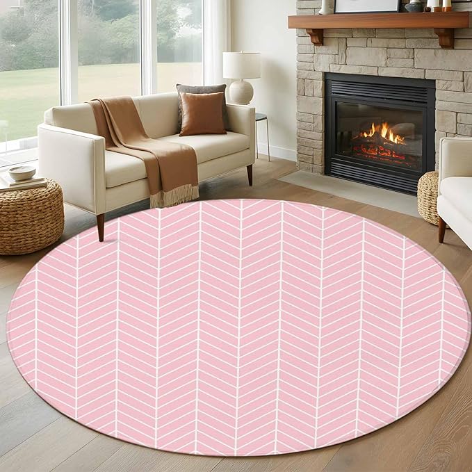 Pink Herringbone Stripes Large Round Rug 7Ft, Modern Abstract Geometric Pink Simple Lines Circle Area Rugs Washable Non Slip Indoor Floor Mats Carpet for Living Room Bedroom Dining Room Home Decor