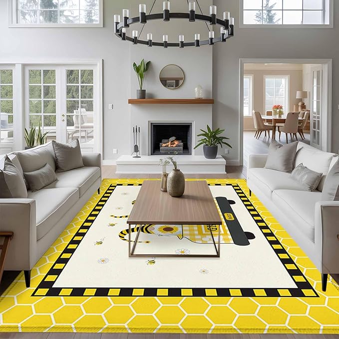 Honey Gnomes 6'x9' Large Area Rugs, Bees Hive Sunflower Truck Washable Area Rugs Non-Slip Indoor Floor Mats Large Carpet for Living Room Bedroom Dining Room