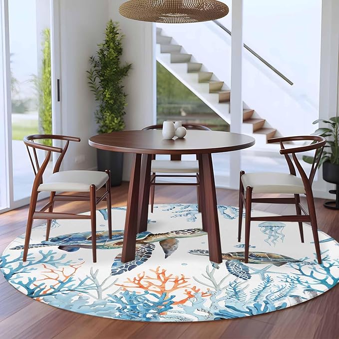 Sea Turtle Round Rug 6 Ft, Seagrass Coral Starfish Circle Area Rugs Washable Non Slip Indoor Floor Mats Carpet for Living Room Bedroom Dining Room Home Decor