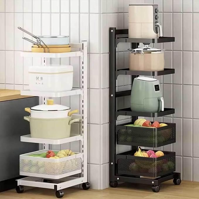 Under Cabinet Pan nizer Shelf Kitchen Counter Storage Rack with 3 Shelves and 1 Basket White