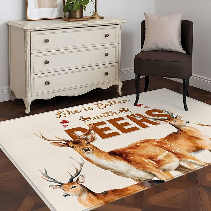 Beige Deer Area Rugs 2.7'x5', Wildlife Animals Rustic Farmhouse Elk Rustic Farmhouse Washable Area Rugs Non-Slip Indoor Floor Mats Carpet for Living Room Bedroom Dining Room