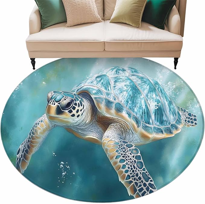 Marine Animal Large Round Rug 8Ft, Ocean Turtle Modern Art Abstract Style Circle Area Rugs Washable Non Slip Indoor Floor Mats Carpet for Living Room Bedroom Dining Room Home Decor