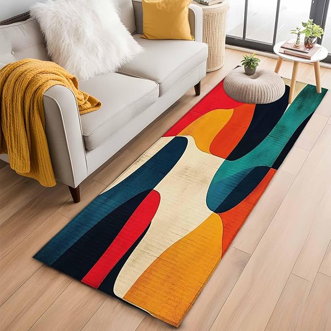 Abstract Art Runner Rug 2'x6', Impressionist Red Blue Color Block Hallway Runner Rugs Washable Non-Slip Bedside Floor Mats Carpet for Kitchen Bedroom Laundry Room Bathroom