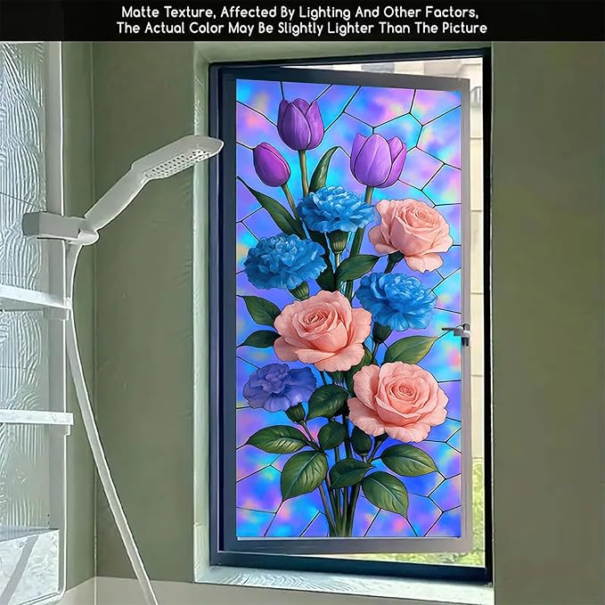 Rose Carnation Tulip Window Film Holographic Floral Privacy Panel Static Cling No Glue Decorative Cover for Door Vanity Kitchen Studio 17.7x39.3 inch